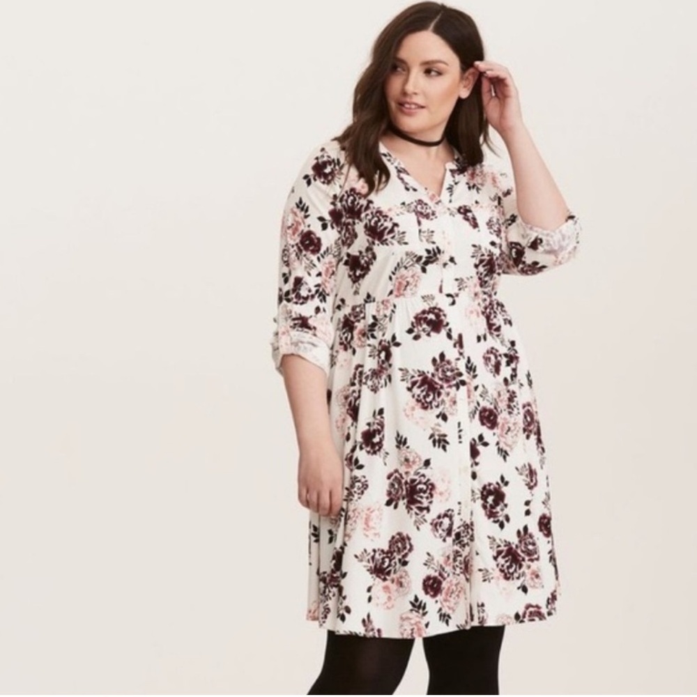 Torrid Floral Button Front Tunic Mini Dress Size 2 2X Plus Ivory Pink Burgundy - Picture 6 of 10